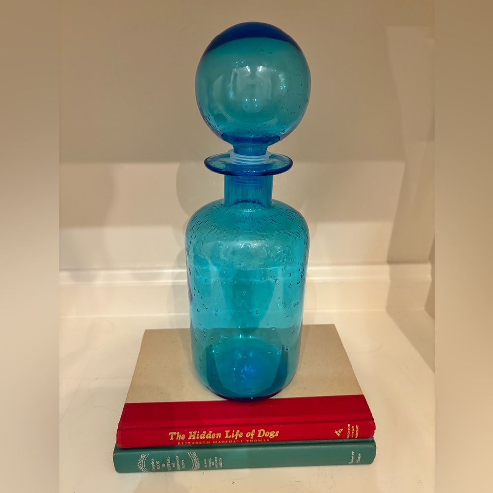 Blown Glass Decanter with Round Bubble Stopper Blue
